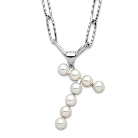 925 Sterling Silver Rhodium Plated 3-5.5mm Freshwater Cultured Pearl Letter Name Personalized Monogram Initial T Necklac