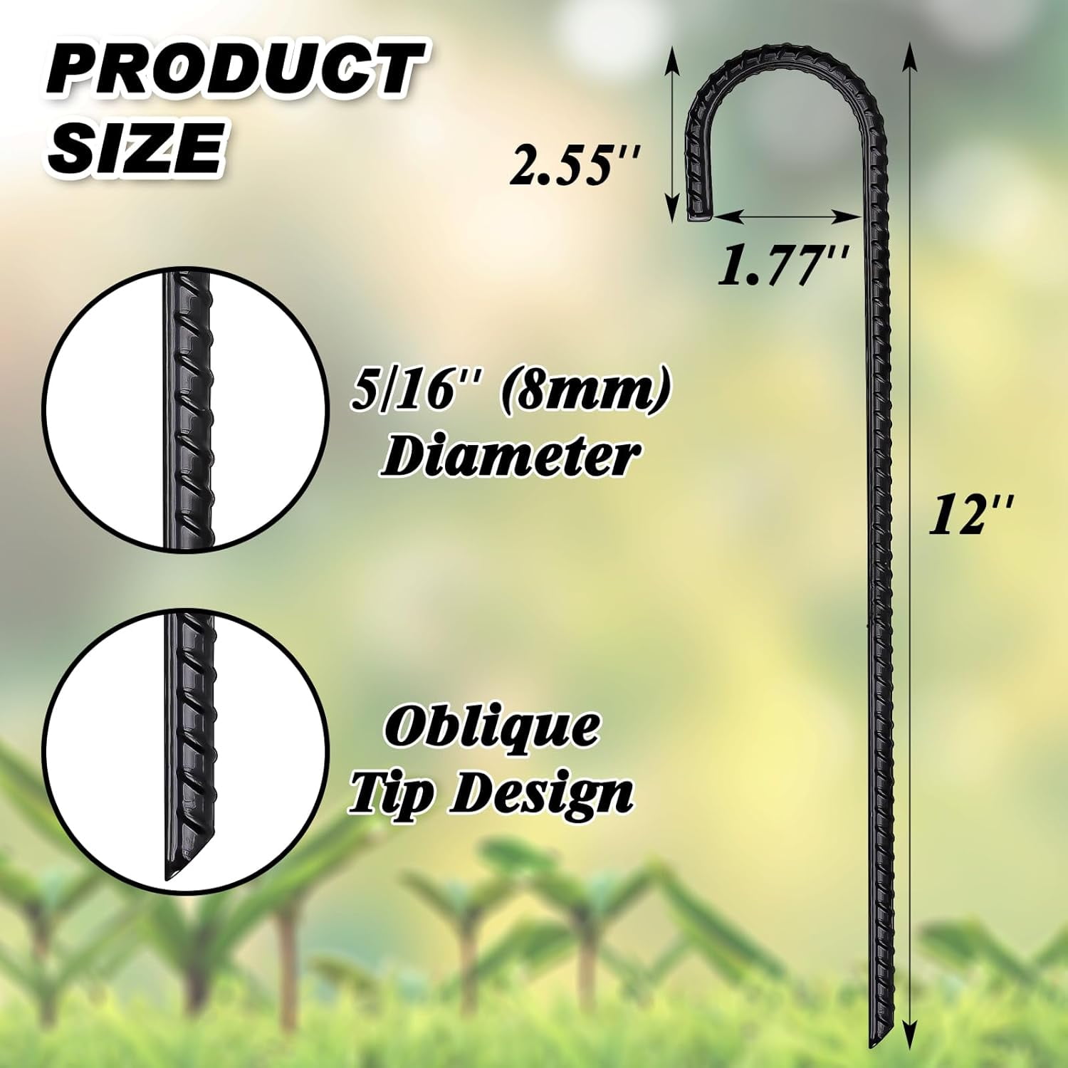 12 Inch 8 Pack Rebar Stakes Heavy Duty J Hook, Galvanized Ground Stakes Tent Stakes Steel Ground Anchors, Chain Link Fence Stakes, Trampoline Stakes, Black