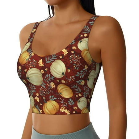 Uemuo Pumpkin Leaf Daisy Pattern Women s Sports Bra - High Impact Support  Breathable  and Comfortable Athletic Bra for Running  Yoga  and Workouts
