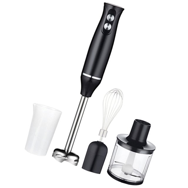 licuadora de inmersión de mano de 500 w procesador de 500 ml juego de licuadora de mano eléctrica 4 en 1 Mango negro ergonómico con dos botones plateados y asta metálica desmontable con pie triturador de acero; incluye vaso medidor translúcido, batidor de varillas y procesador transparente con tapa negra y cuchilla. Ideal para preparar sopas y purés, y también adecuada para emulsiones y aderezos caseros.