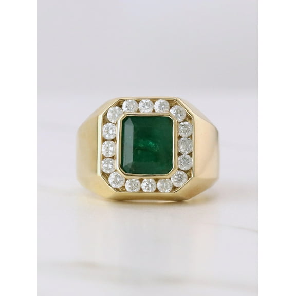 3.48 Cts Natural Emerald And Diamond Men's Ring 14k Yellow Gold