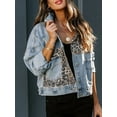 thumbnail image 2 of Womens Button Down Distressed Leopard Denim Jean Jacket Washed Long Sleeve Ripped Cheetah Jean Coat Blue XL, 2 of 8