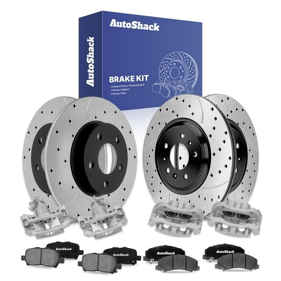 AutoShack Front & Rear Brake Rotors, Ceramic Pads & Calipers for Chevrolet, Impala 2012-2013 Impala Limited 2014-2016, FWD V6 3.6L - E-Coated Drilled & Slotted - ShadowGuard