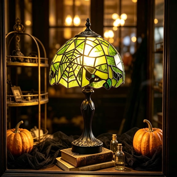 2026 New Halloween Glass Spiderweb Lamp, Stained Glass Resin Spiderweb Glass Night Light, Gothic Vintage Table Lamp, Spooky Decorative Standing Lights Gifts Home Decorations for Halloween, 7.9in