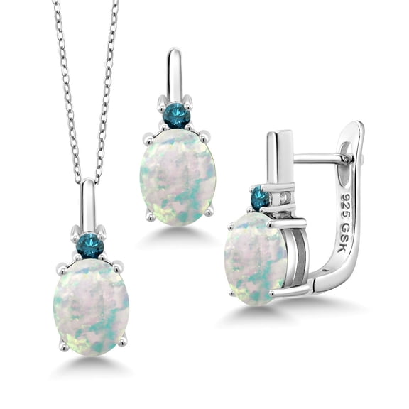 Gem Stone King 3.07 Ct Oval Cabochon White Simulated Opal Blue Diamond 925 Silver Pendant and Earrings Jewelry Set