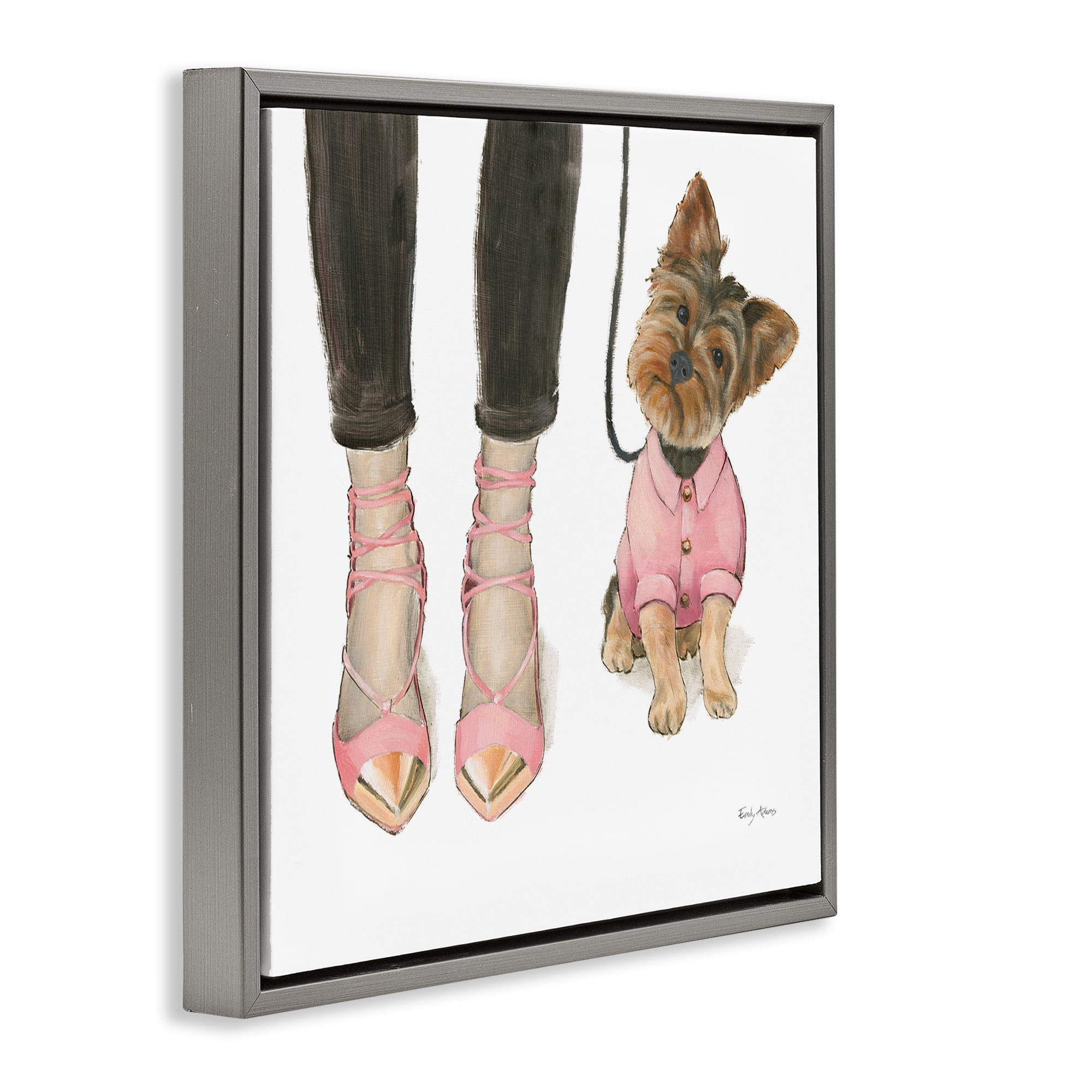 Stupell Industries Glam Dog Walk Pink Heels Beauty & Fashion Painting Gray Floater Framed Canvas Art Print Wall Art, 25 x 25