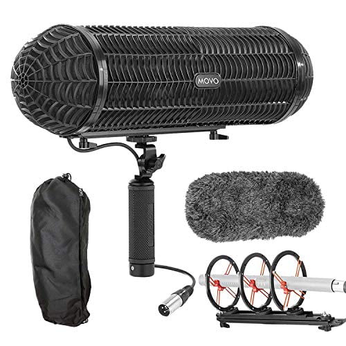 Movo BWS1000 Système de Protection contre le Vent et les Vibrations pour Microphones Shotgun - avec Support Interne 12 Points, Câble XLR Intégré, Pare-Vent et Poignée Furry Deadcat avec Accessoire de Perche