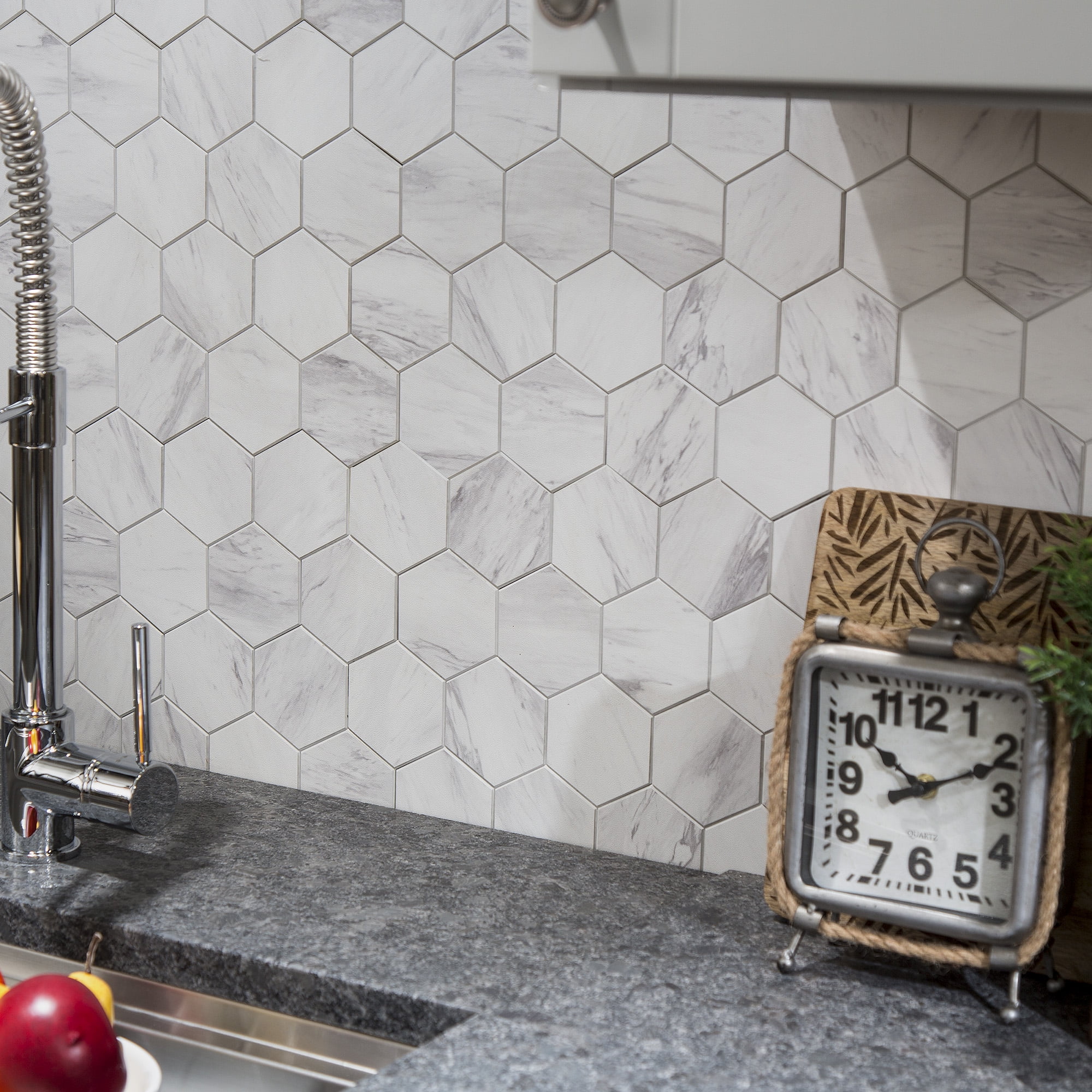 Aspect Collage 12.75in x 10.6in Peel and Stick Backsplash in Carrara Hex (5-Pack)