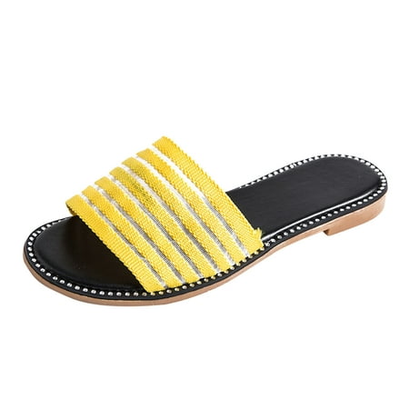 

uikmnh Women Slippers Summer Women Slippers Fly Woven Mesh Surface Breathable Flat Solid Color Yellow 8