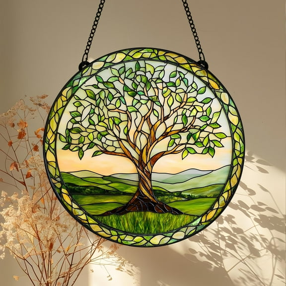 Tree of Life Stained Glass Suncatcher Round Window Hanging Nature Green Landscape Window Art Home Decor Gift for Nature Lovers