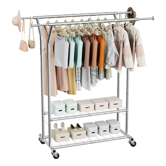 VEVOR Clothes Rack, Rolling Clothing Garment Rack with 2 Hanging Rods and 2 Storage Shelves, 264 lbs Load Capacity, Adjustable Height Carbon Steel Clothing Racks for Bedroom, Laundry, Living Room