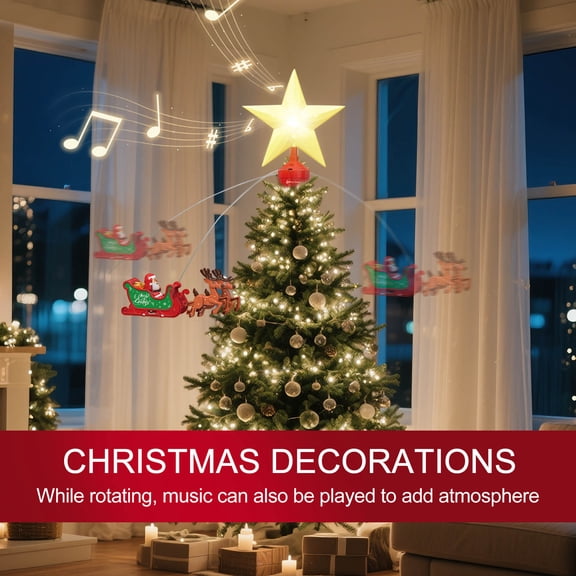 MinHoues Animated Christmas Tree Topper, Rotating Santa Sleigh Reindeer TreeโTop Star with LED Light & Music, Christmas Tree Crown Decoration for Holiday Home Party Decor