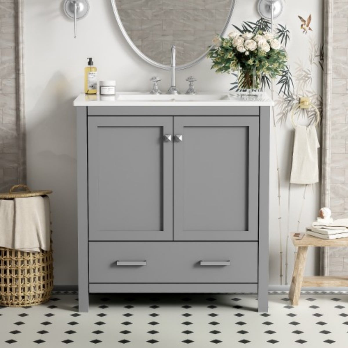 30" Bathroom Vanity with Sink, Modern Bathroom Cabinet with Ceramic Undermount Sink, Solid Wood Frame Storage Cabinet with Soft Close Doors, Drawer Organizer, Gray