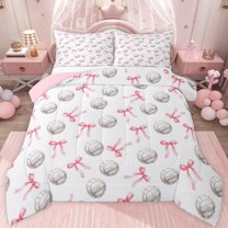 jejeloiu Cute Pink Bowknot Full Size Comforter Sets,Kids Volleyball Game Bedding Sets For Bow Girls Reversible 3-Piece