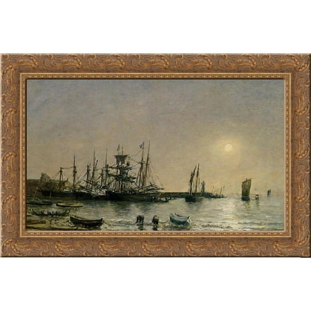 Portrieux Boats at Anchor in Port 24x16 Gold Ornate Wood Framed Canvas Art by Eugene Boudin