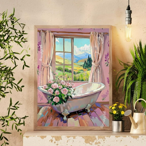 Rose Bathtub Wall Art - Blush Pink Floral Bathroom Print - Pastel Cottagecore Decor - Whimsical Vintage Bathroom Art - Calming Home Decor Wall Art, Modern Wall Decor, 8x12 UNFRAMED