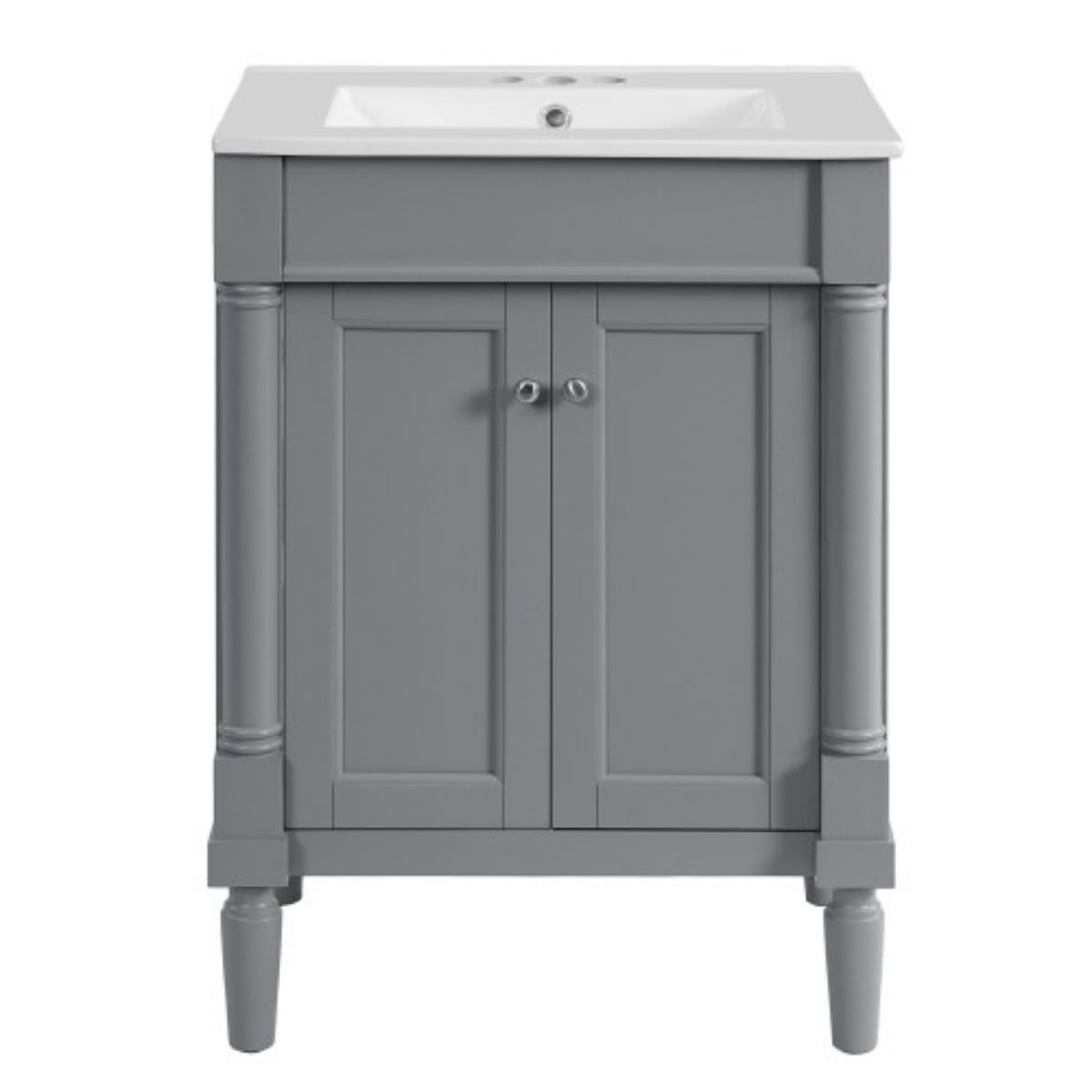24" Bathroom Vanity with Sink, Modern Bathroom Vanity Cabinet with Ceramic Top Sink, Freestanding Storage Cabinet with 2 Doors, Solid Wood Frame, Grey