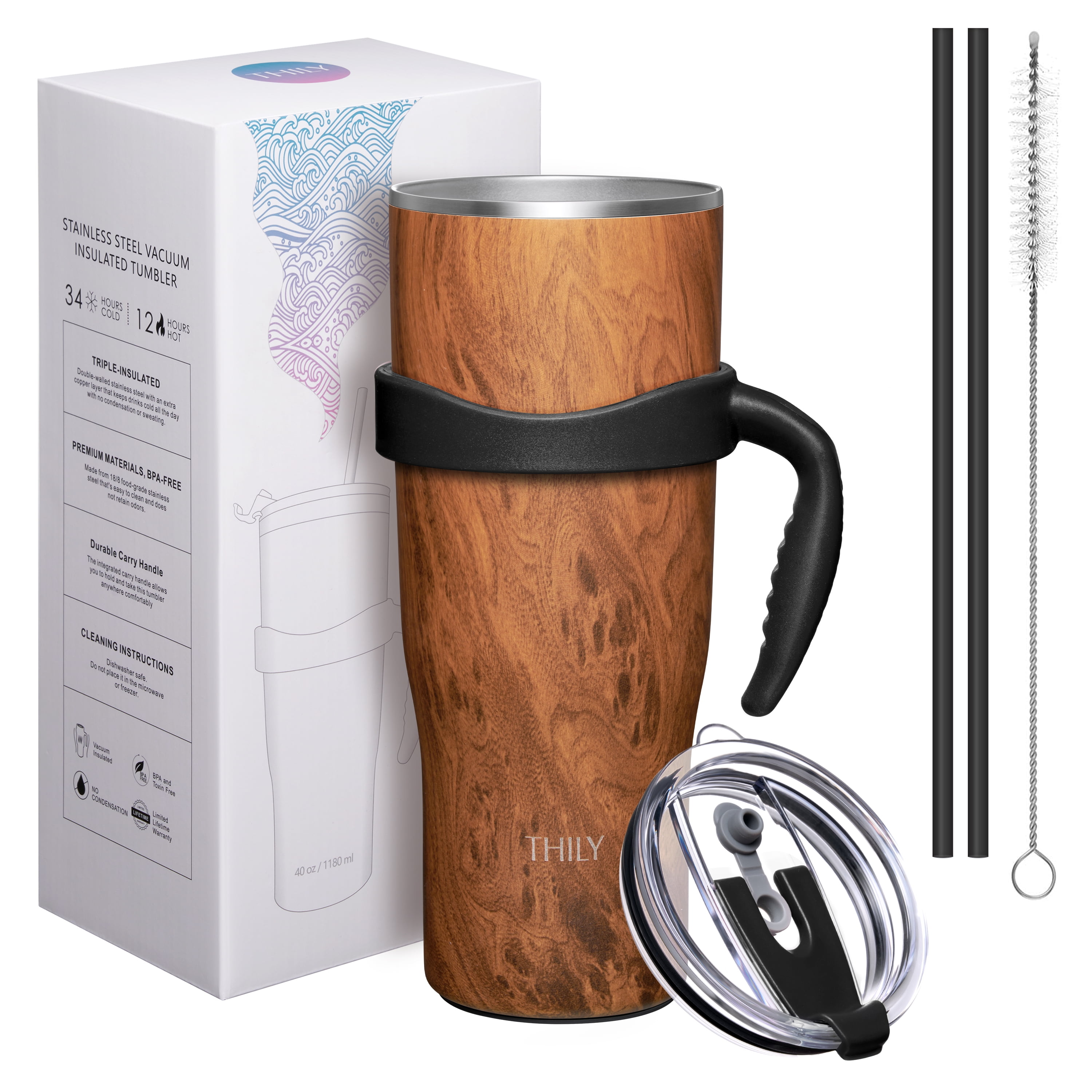 Stainless Steel Insulated Travel Mug - THILY 12 oz Vacuum Insulated Coffee Cup with Handle, Spill-Proof Lid, Powder Coated, BPA Free, Ombre: Black 