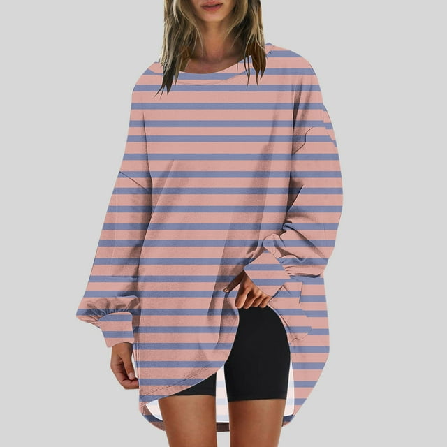 RXIRUCGD Chandail en Molleton Oversize à Col Rond pour Femmes Imprimé Manches Longues Tunique, Rose, Taille : 2TG