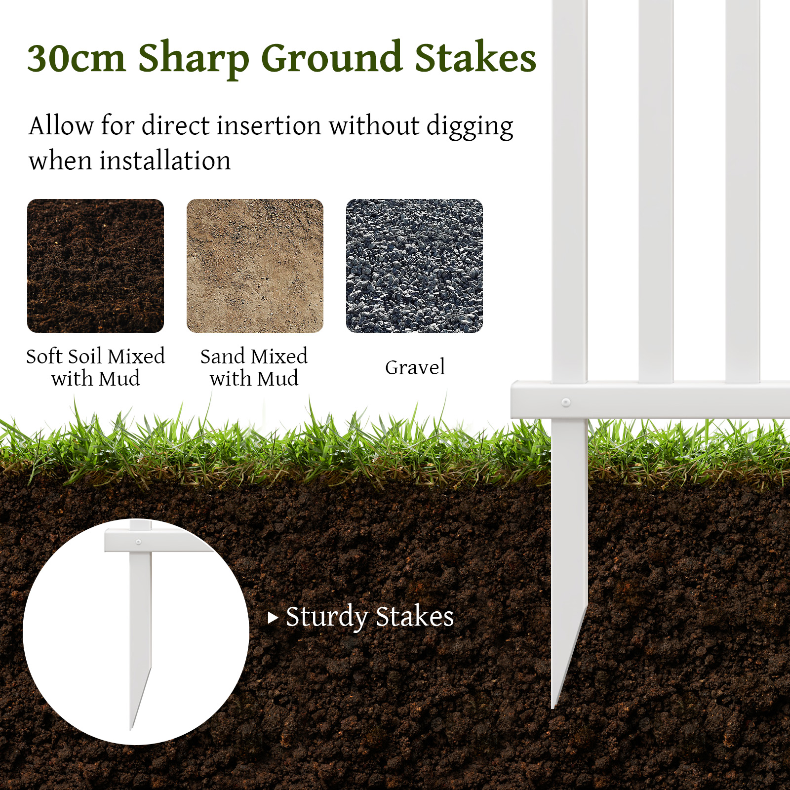 Patiojoy Garden Decoration Fence Pack of 2 Vinyl Picket Panels with Sharp Ground Stakes Protective Caps PVC Slatted No Dig Fence