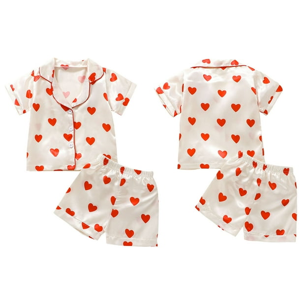 Gupgi Little Girl Valentine Pajamas Set 7 9Years Kids Heart Print Sleepwear Short Sleeve Shirt and Elastic Shorts