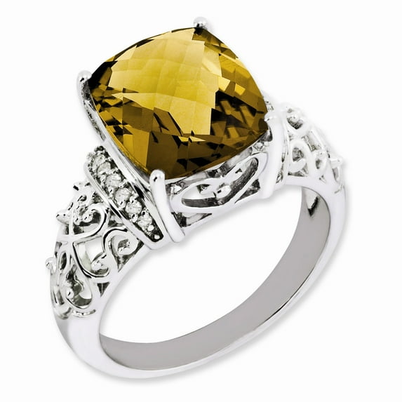 Sterling Silver RH-plated Diamond & Checker-Cut Whiskey Quartz Ring - Size 7