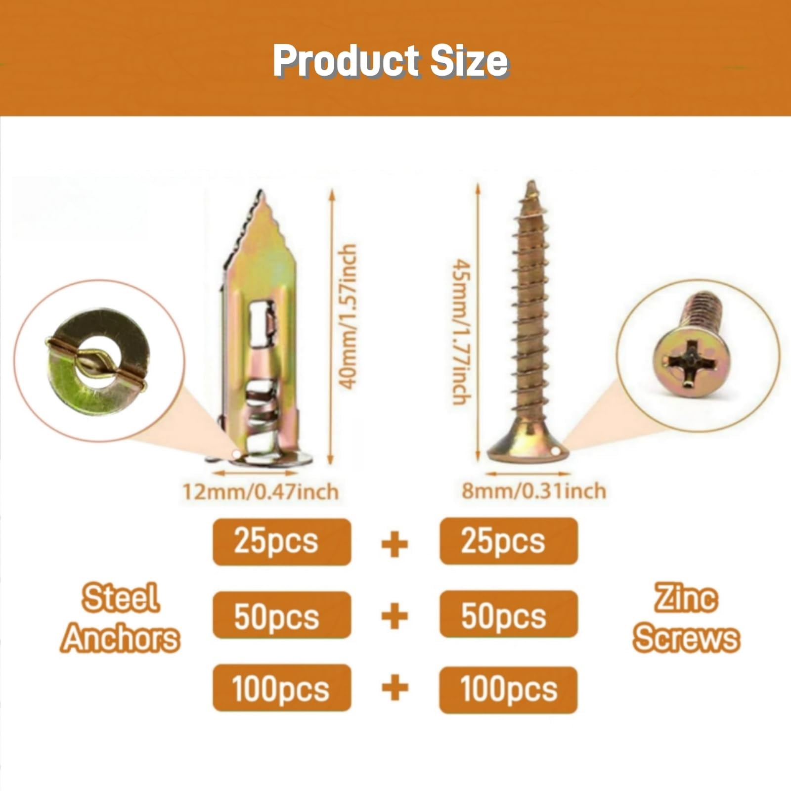 Self Drilling Drywall Anchors with Screws Kit, Premium Zinc Plated Steel Hollow Wall Anchors and Screws for Fixing TV, Cabinet, Curtains, 0.47“x1.57 Anchor & 0.31"x1.77" Screws (50pcs)
