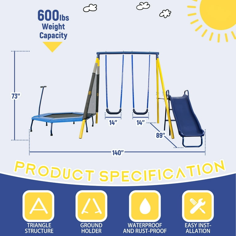 SMkidsport Durable 4-in-1 Swing Set with Slide, Swing, Trampoline
