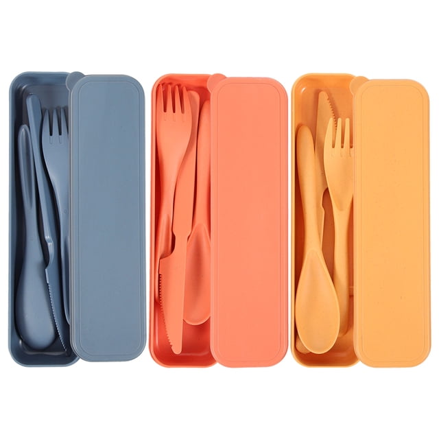 3 Sets Reusable Travel Utensils with Case Wheat Straw Cutlery Set Cutter Fork Spoon Set for Lunch Box