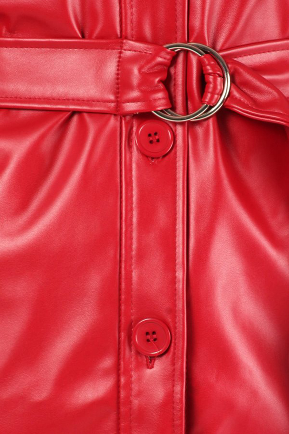 Women's Long Sleeve Button Front Waist Belted Faux Leather Coat Jacket