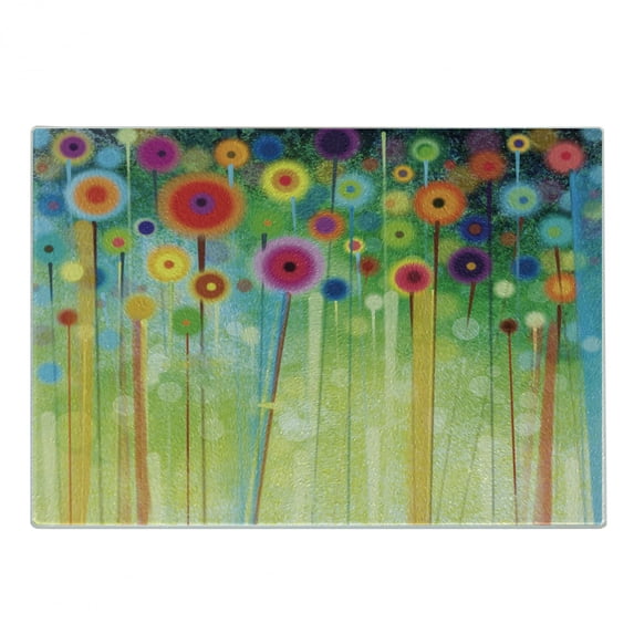 Flower Cutting Board, Abstract Dandelion Inspired Spiral Blooms Petals Geometrical Shapes Nature Art Theme, Decorative Tempered Glass Cutting and Serving Board, Small Size, Multicolor, by Ambesonne
