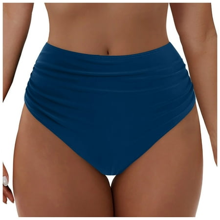 Xudanell Women s High Wasited Cheeky Bikini Bottom Shirred Tummy Control Swimsuit Full Coverage SexySwim Bottom (Blue L)