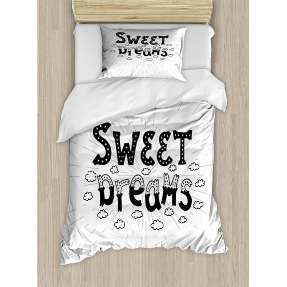 Sweet Dreams Twin Size Duvet Cover Set, Retro Style Calligraphic Hand Drawn Lettering of Inspirational Phrase, Decorative 2 Piece Bedding Set with 1 Pillow Sham, Black and White, by Ambesonne