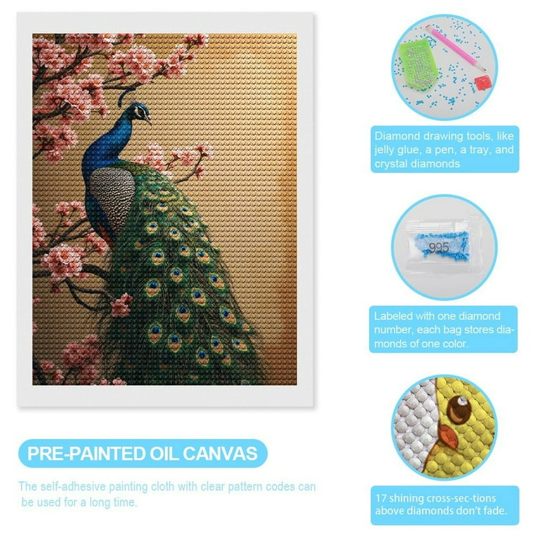 Gamteldot Diamond Painting Kit For Adults - 5D Full Drill Peacock Design 12x16 Inches