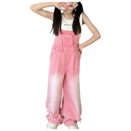 Splozh Kids Jumpsuit Girls Denim Overalls Wide Leg Adjustable Big Kids Overall Baggy Boys Y2K Jean Jumpsuits with Pockets Pink 13-14 Years