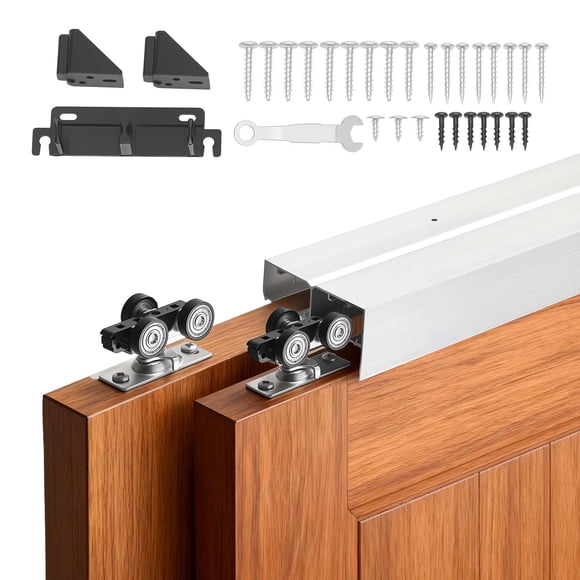 VEVOR Trousse de Quincaillerie pour Porte Coulissante à Contournement, Quincaillerie de Porte à Contournement à Double Voie en Alliage d'Aluminium de 4 Pi, Glissement Fluide et Silencieux, Facile à Installer, pour Système à 2 Portes de 1 Pouces à 1 3/4 Pouces d'Épaisseur et 24 Pouces de Largeur, pour Garde-Robe