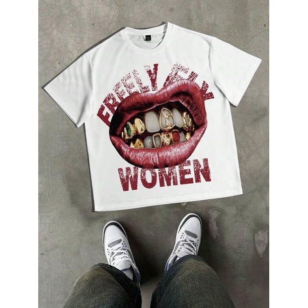 Men's Round Neck Short Sleeve Lip Print Simple T-Shirt, Daily Casual