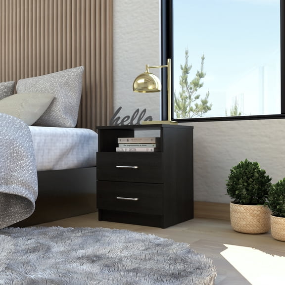 Xukmct Beside Table with 2 Drawer and 1 Shelf, Rectangle Nightstand for Bedroom, Office, Black