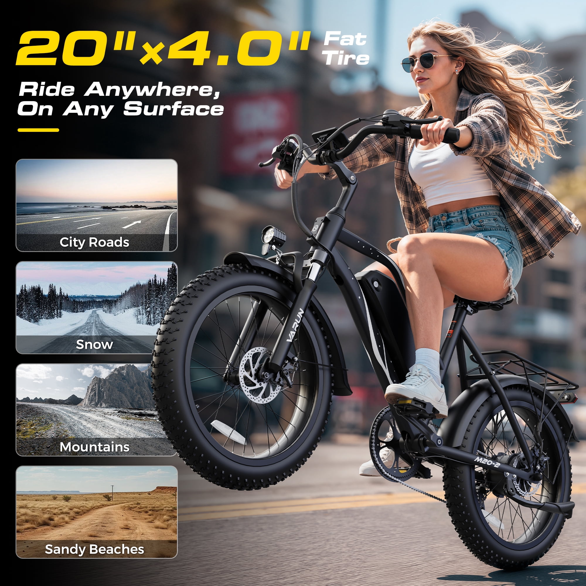 VARUN Electric Bike, 20" Fat Tire EBike for Adults with Peak 750W 48V 624Wh Removable Battery, Electric Mountain Bike for Men & Women with Top 20MPH 60Miles,7 Speed, Rear Rack, UL2849