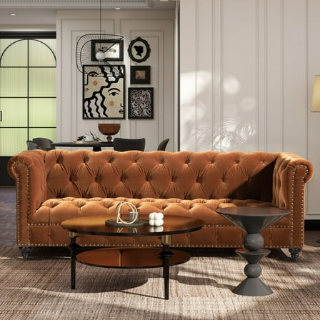 Modern Chesterfield Sofa 88" in Burnt Orange Performance Velvet
