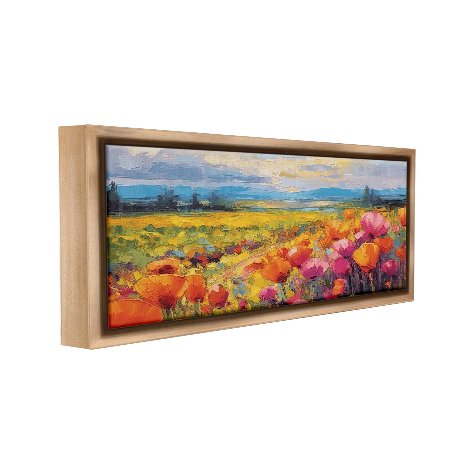 Stupell Industries Bright Tulips Landscape Landscape Painting Brown Floater Framed Canvas Art Print Wall Art, 25 x 11