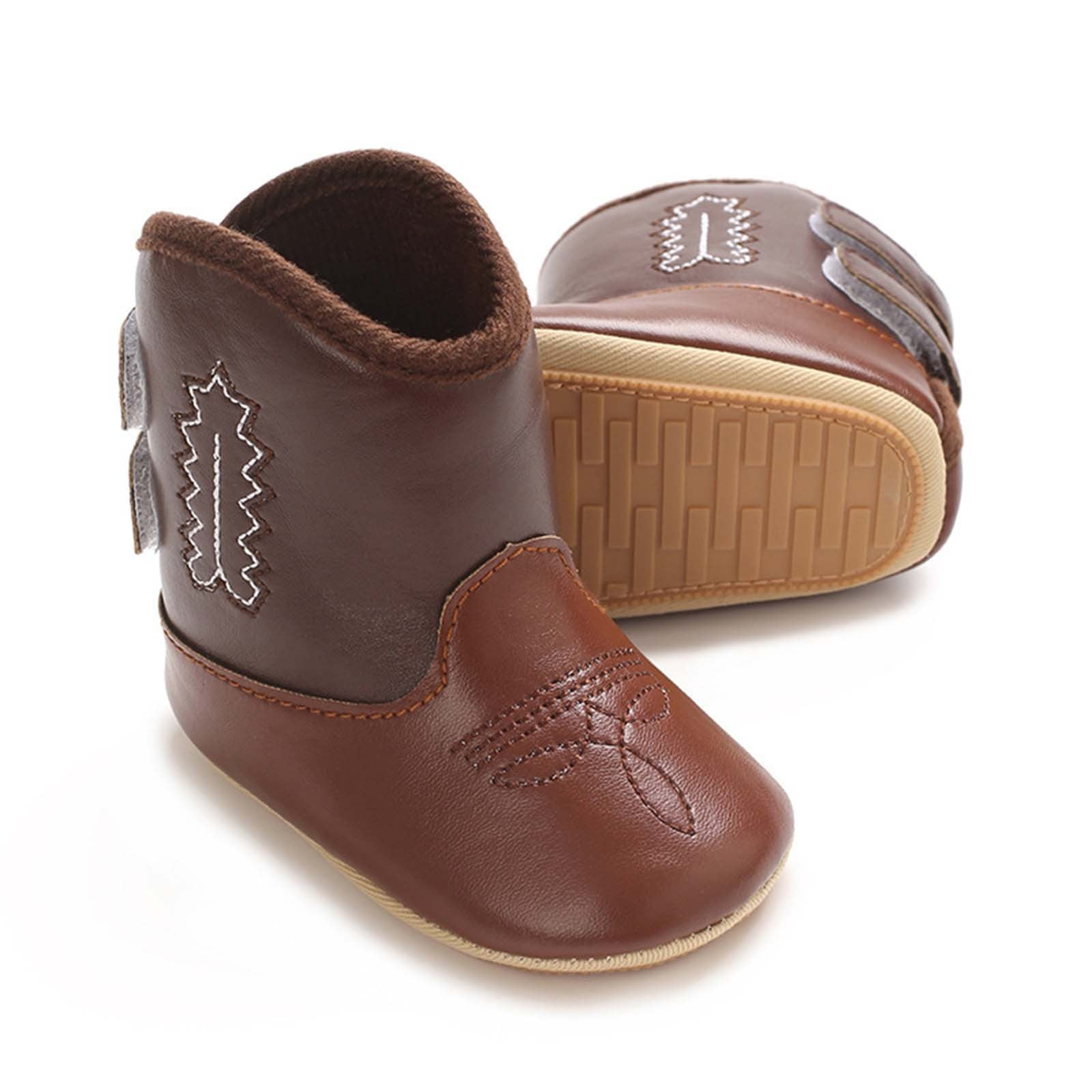 Povozer Western Boots Cowboy Bootie Soft Sole Non-Slip Crib Shoes for Baby(Coffee,12-18M)