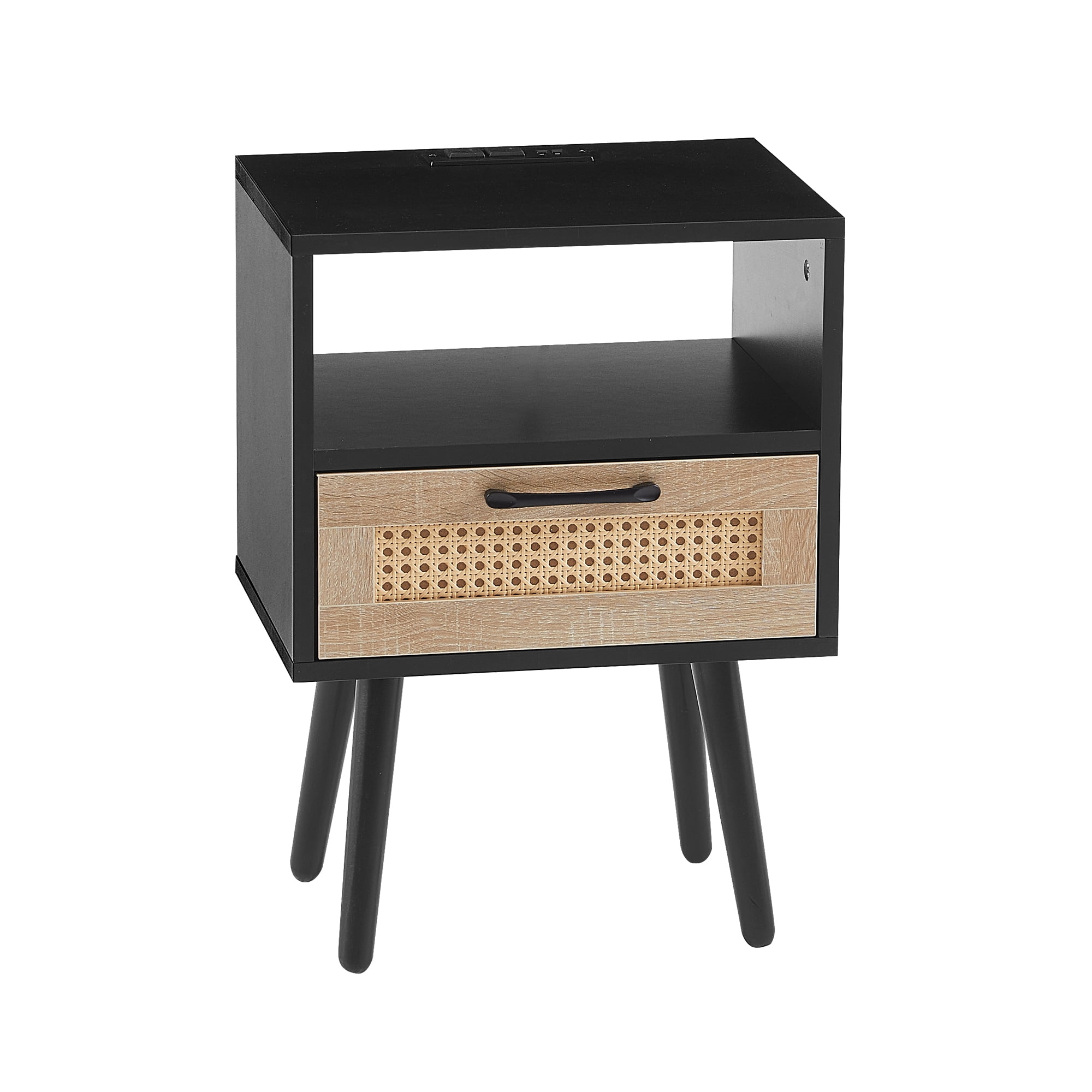 MAYEERTY 15.75" Rattan End Table with Power Outlet & USB Ports – Modern Nightstand with Drawer & Solid Wood Legs, Black