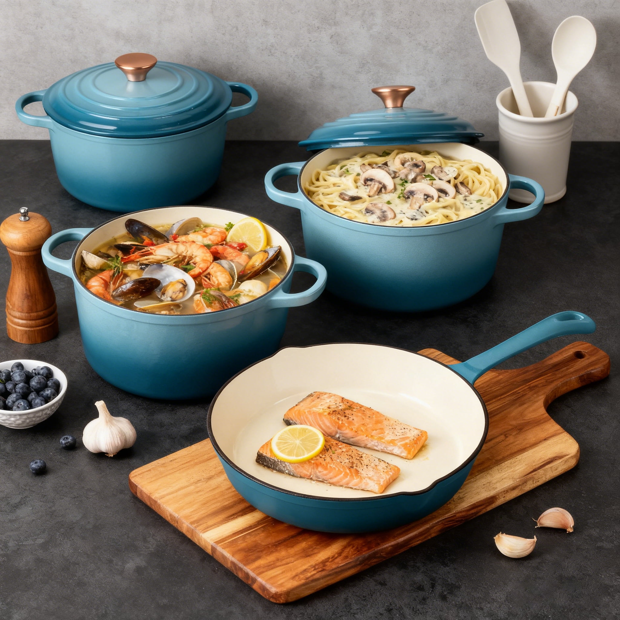 CAANNASWEIS 7 Piece Cast Iron Cookware Set, Pre-Seasoned Heavy Duty Pots and Pans Collection for Home Kitchen, Induction Compatible