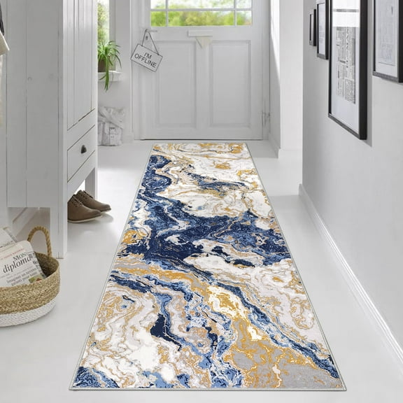 Modern Abstract Marble Print Runner Rug 2' x 8' Soft, Washable, Non-Slip & Non-Shedding(Navy Blue)