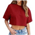 thumbnail image 2 of Kovlvoll Crop Tops for Women Crewneck Short Sleeve T-Shirts Loose Casual Summer Solid Color Cropped Top, 2 of 7