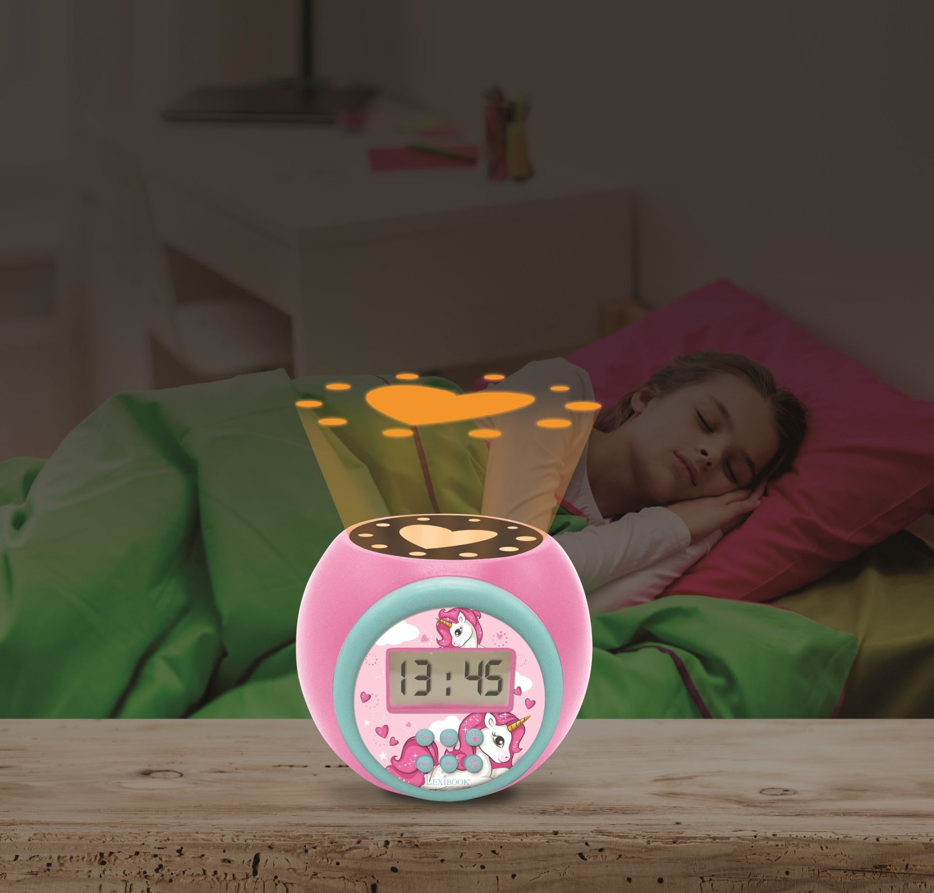 Lexibook Projector Alarm Clock Unicorn with Snooze Function and Alarm Function, Night Light with Timer , LCD Screen, Battery Operated, Pink