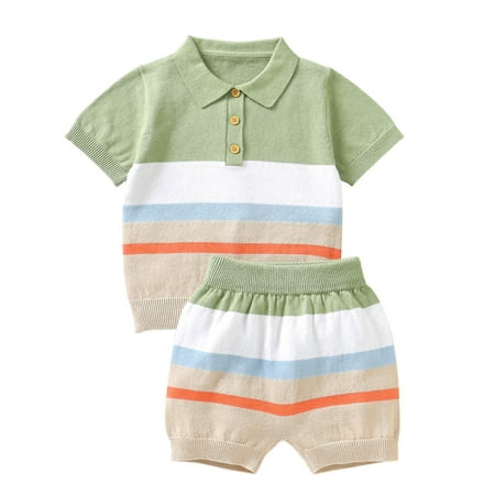 

Baby Boys Girls Casual Clothes Knit Sweater Outfits Striped Short Sleeve T-Shirt Top Shorts Set Baby Fashion Dailywear Child Clothing