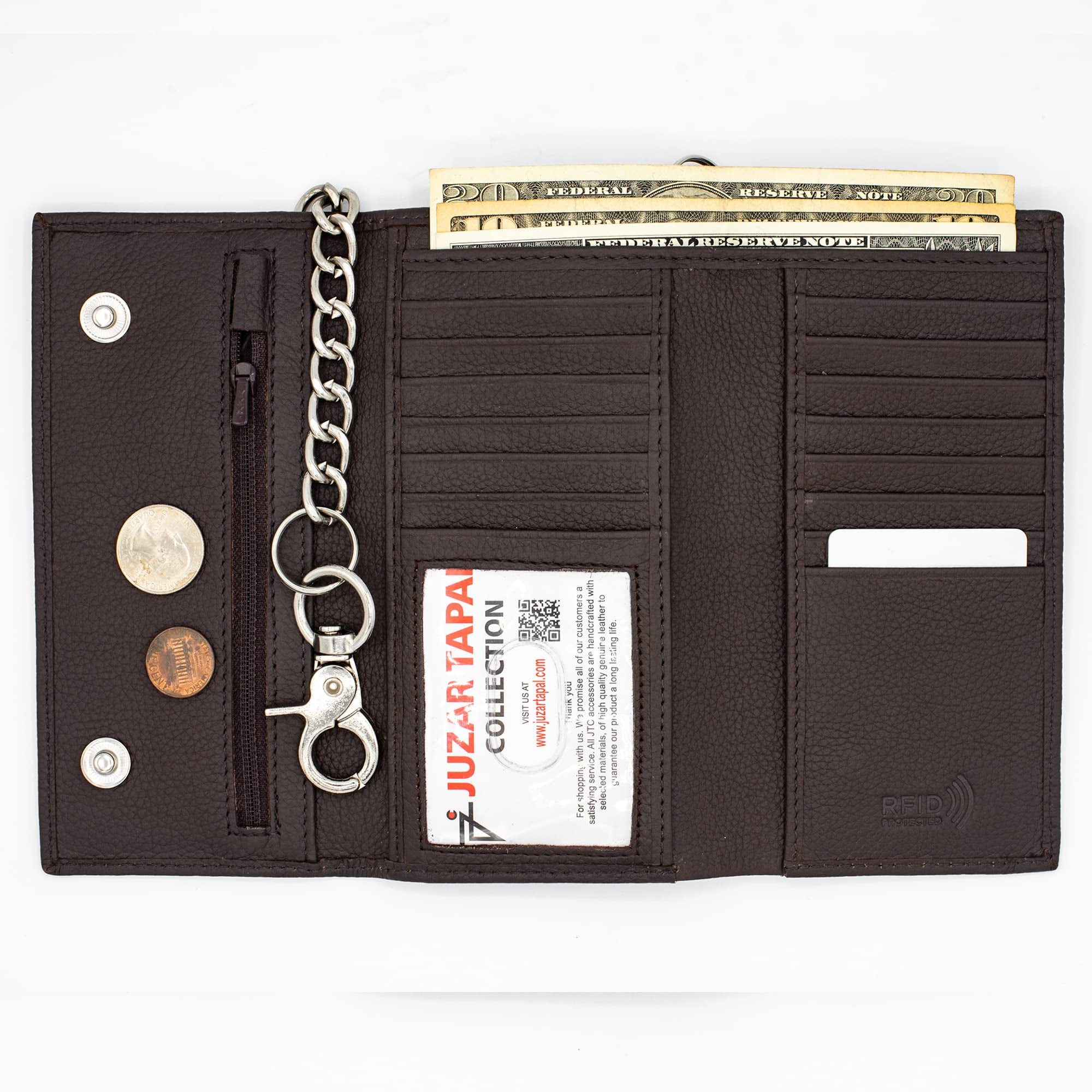 RFID Safe Checkbook Holder Biker Leather Long Tri-fold Chain