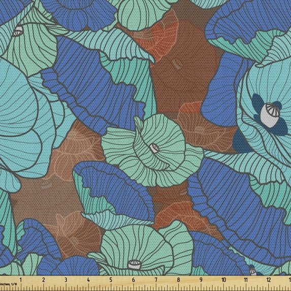 Flowers Fabric by the Yard Upholstery, Botanical Theme Floral Patterns Along Poppy Motifs Natural Art, Decorative Fabric for DIY and Home Accents, Sea Blue and Turquoise by Ambesonne